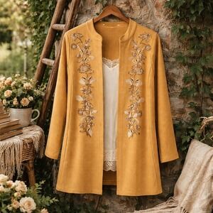 Denim & Co Mustard Yellow Embroidered Open Front French Terry Cardigan XS